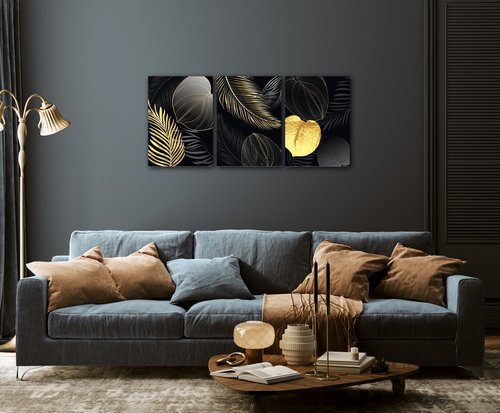 Kép Gold and black flowers abstract - 150 x 70 cm (3-részes)